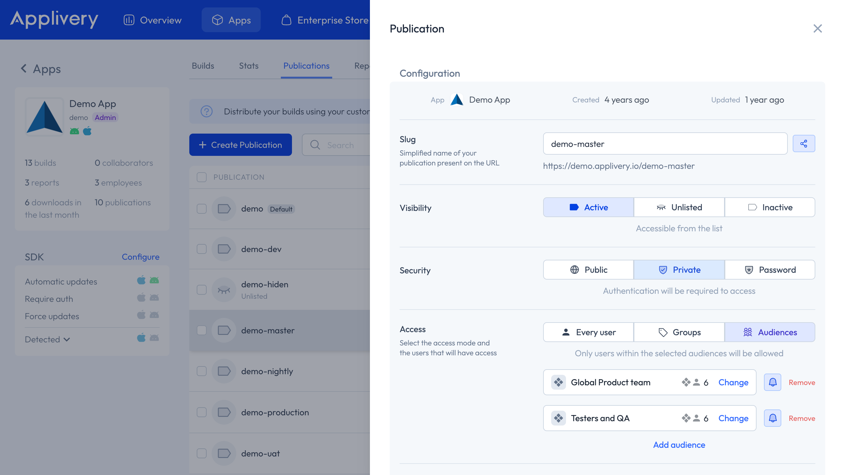 assign audience to publication