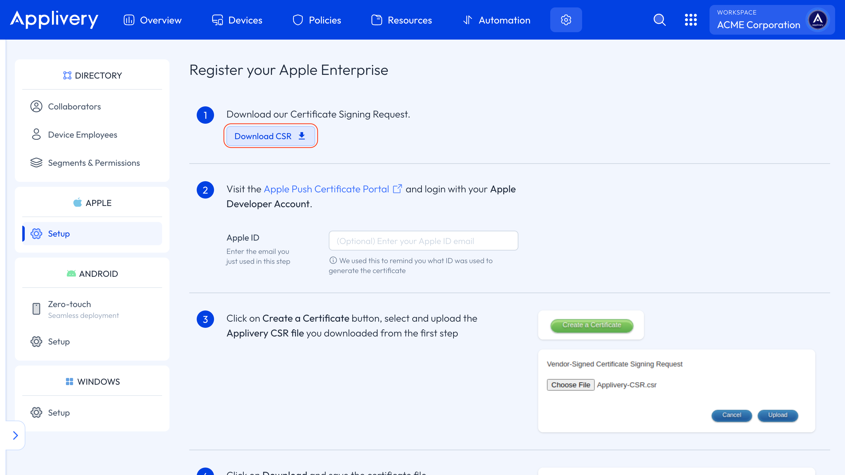 apple enterprise setup