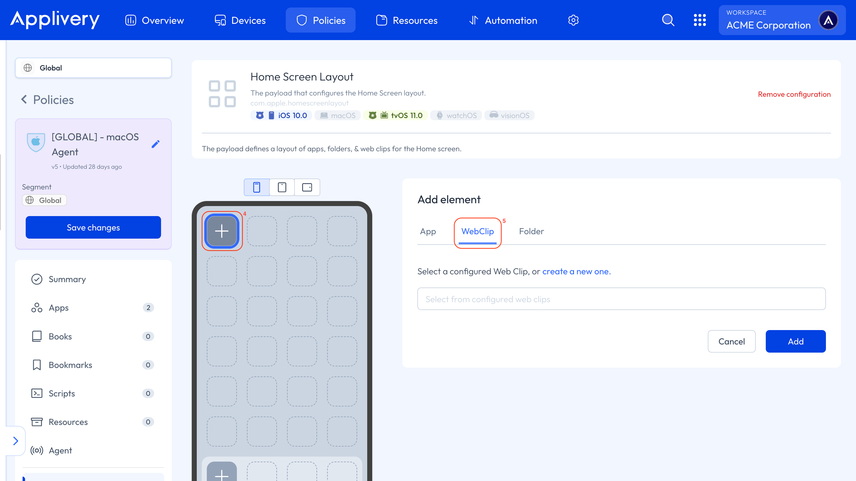 web clips in home screen layout