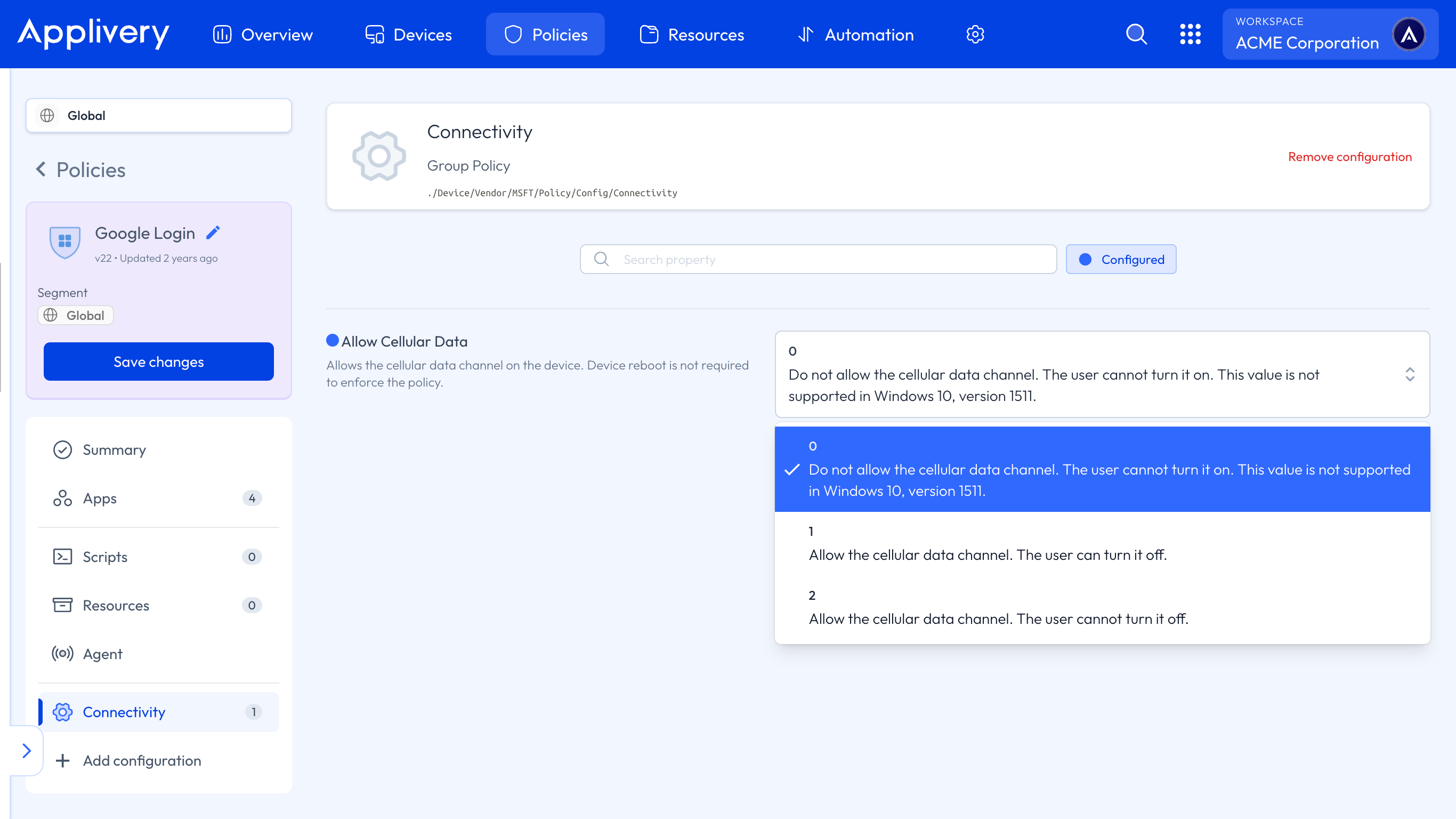 disallow celular data