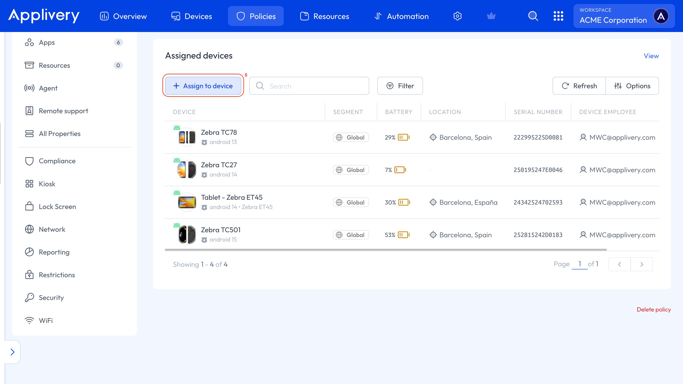 assign policy to device