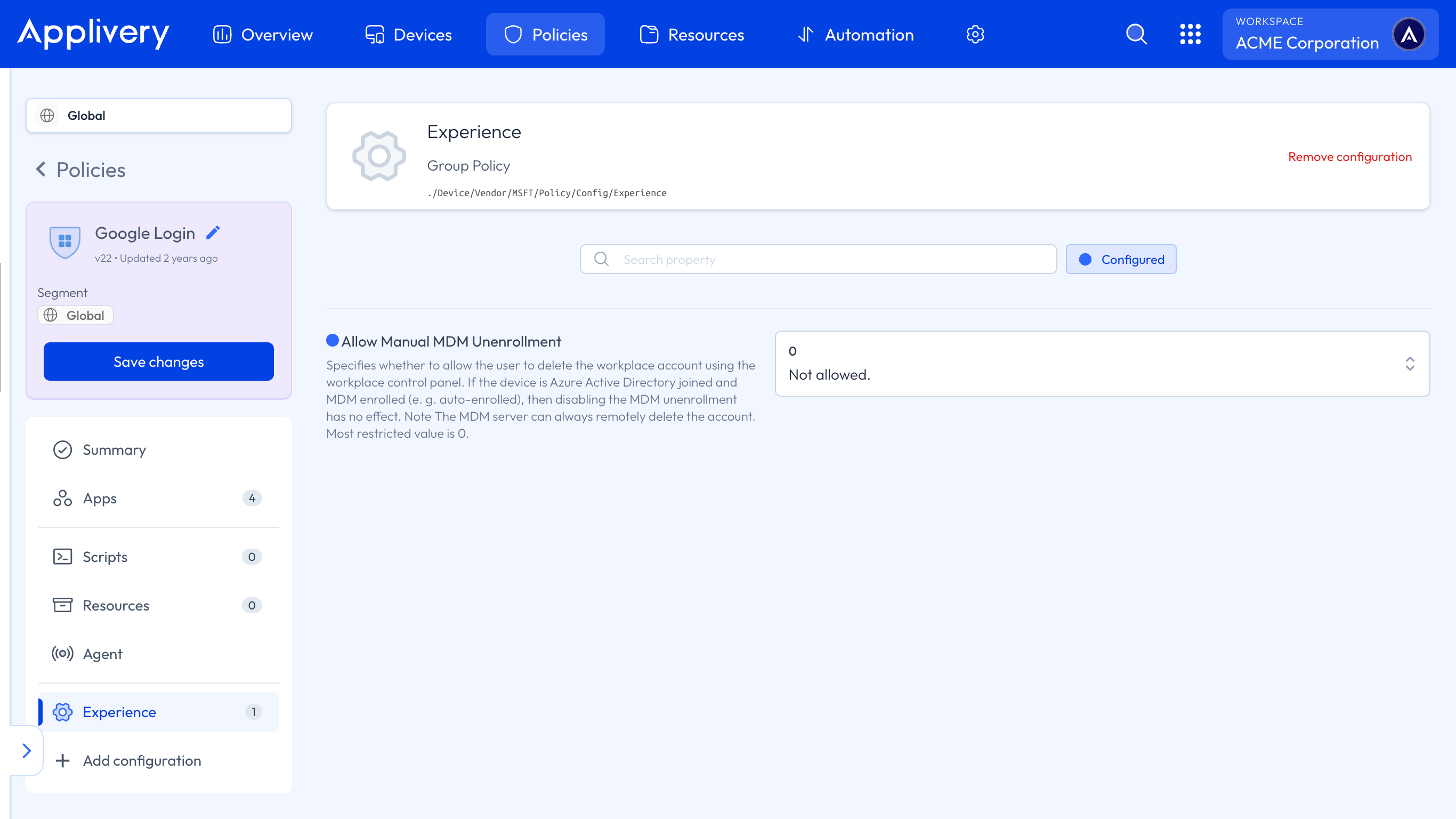disallow user unenrollment